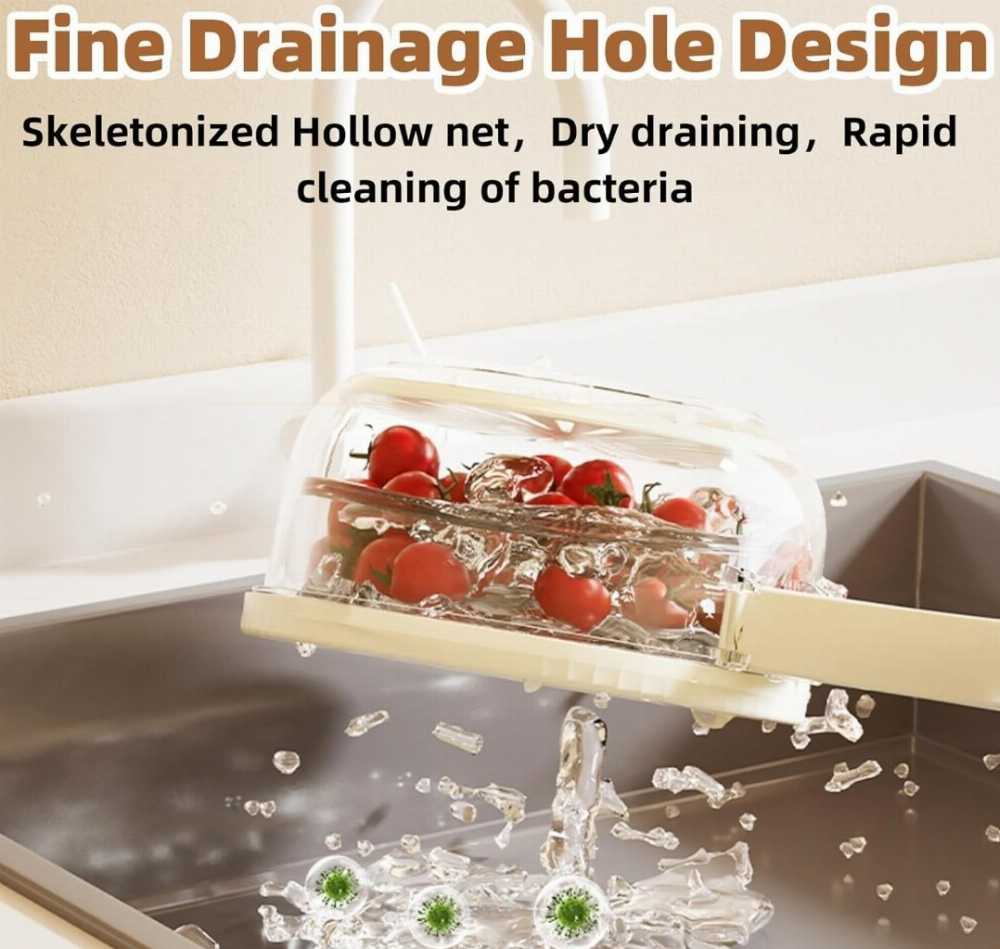2 in 1 Drainer and Strainer, Draining Basket with Lid - Multifunctional Fruit Vegetable Washing Basket - Drainer with Foldable Handle
